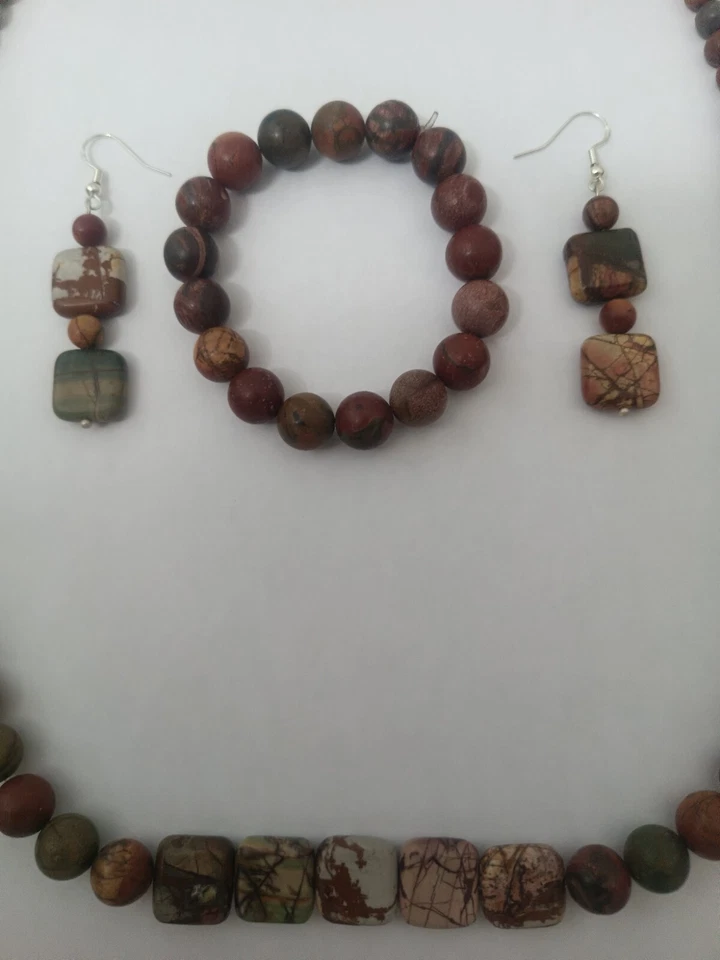 Exótico y Único Picasso Jaspe Collar Pulsera Y Pendientes Conjunto Con... Foto 4 de 4