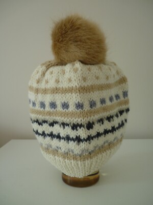 Ladies hand knitted cream, beige Fair Isle beanie with faux fur pom