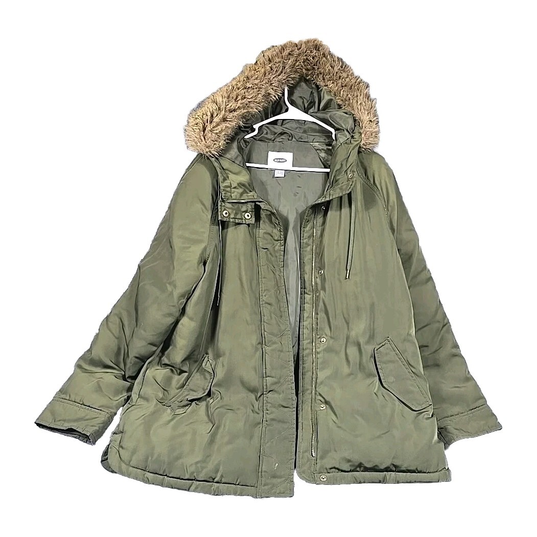 Old Navy Coat Womens Large Parka Faux Fur Trim Hood Zip Bottom