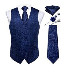 Mens Vest and Tie Set Formal Paisley Waistcoat and XX-Large Blue Paisley Vest