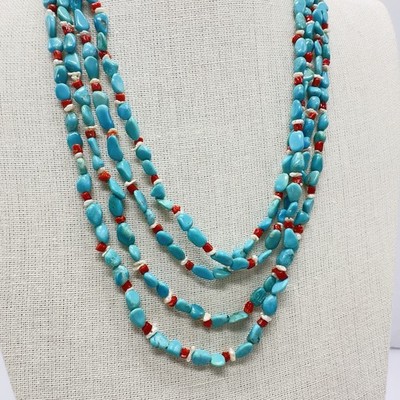 Southwestern Turquoise Necklace Coral & Pearl Accents 4 Strands 25'' 925 Hook VTG