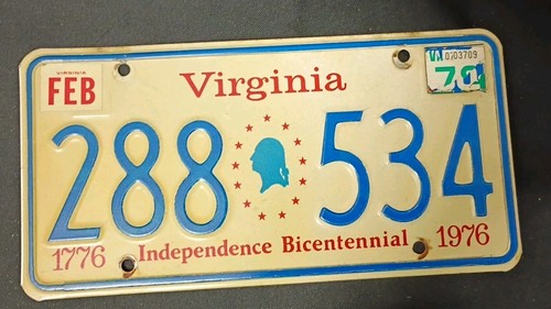 Vintage Virginia Independ. Bicentennial Lic. Plate 1776-1976 (Tag1) 288-534.