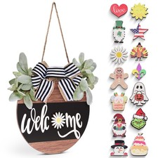Interchangeable Welcome Sign for Front Door, 12" Rustic Wood Wreath with 14 S...