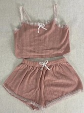 Sleepwear Tank Top Camisole Loung Short Set Womens 30 Pink Lace Bow Stretch