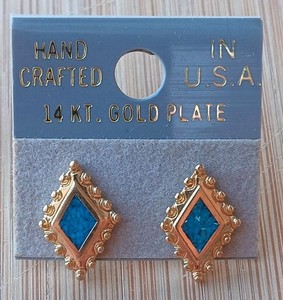 Authentic GENUINE TURQUOISE DIAMOND SHAPED GOLD PLATED EARRINGS. Made In The U.s.a.