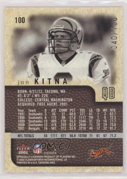 2002 Fleer Genuine Descending /100 Jon Kitna #100 - Image 2 of 2