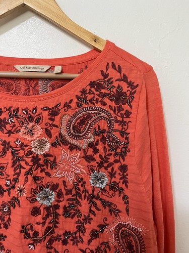 Soft Surroundings Faye Embroidered Beaded Tunic Top Size XL Coral Boho Paisley - Picture 4 of 9