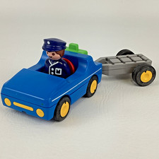 Playmobil 123 Azul Familia Coche Remolque Maleta Figura Lote Geobra Vintage 1990