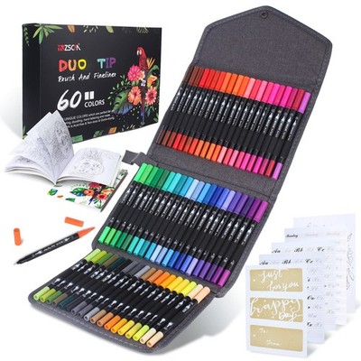 ZSCM 60 Colors Markers for Adult Coloring Books No Bleeding - Duo Tip Brush P...