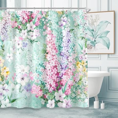 GiuMsi 72x72 Floral Shower Curtain - Black With White & Yellow Watercolor Flowers, Waterproof With Hooks
