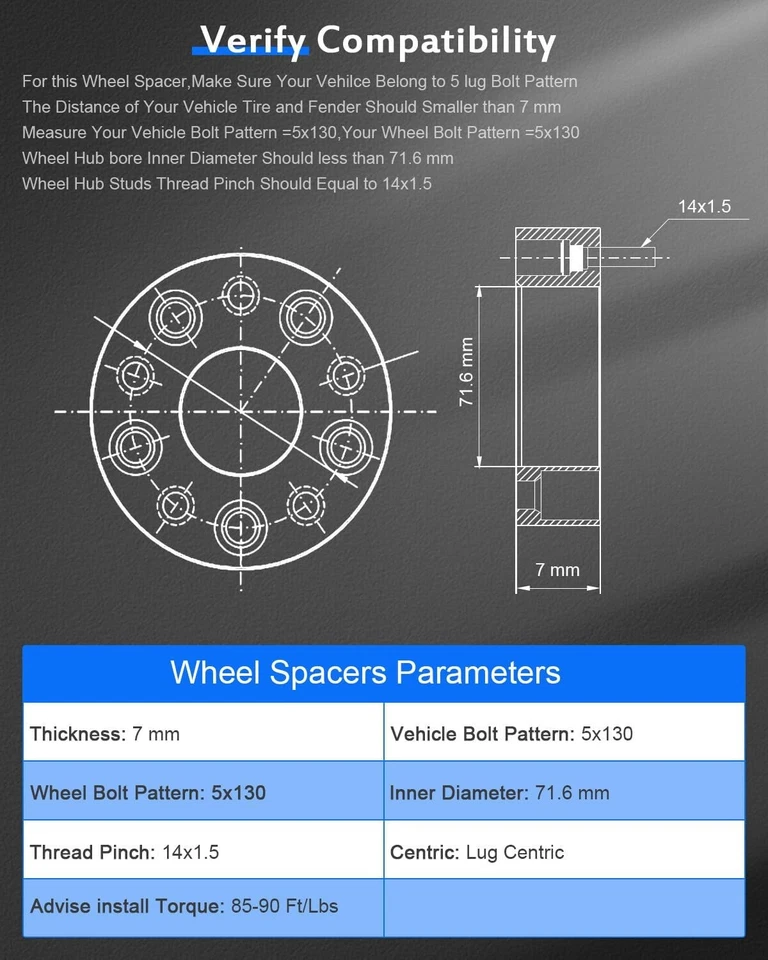 ECCPP 2PCS 7mm 5x130 Wheel Spacers 5 Lug Fits Porsche 911 Boxster Cayman - Image 4 of 4