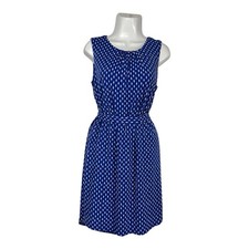 Ann Taylor Sleeveless Dress Blue Medium White Dot Tie Waist Stretch Lined Career