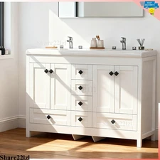 47" Bathroom Vanity Double Sink Ceramic Freestanding Cabinet 5 Drawers,White