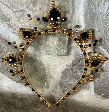 GORGEOUS GOLD BEADED BLACK CRYSTAL GEM STONE JEWELED HEADBAND CROWN TIARA
