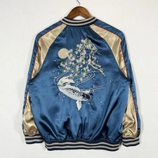 Sukajan Souvenir Satin Bomber Jacket Koi Fish Embroidery Blue Gold NLW Medium