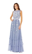 Mac Duggal 9137 Slate Blue Embroidered Floral Tiered Ruffle Gown Size 14 $698