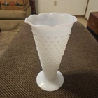 Vintage White Milk Glass Vase 9.25" Hobnail Dot Dash Fluted Trumpet Edge