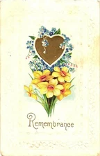 Beautiful Yellow And Blue Flowers With A Heart, Remembrance Postcard