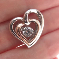 SAI 925 Sterling Silver 2-Tone Round-Cut Shaped C Z Double Heart Slide Pendant