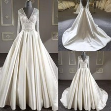Satin Wedding Dresses V Neck Long Sleeves Lace Applique Bridal Gown Sweep Train