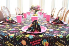 Happy Birthday Tablecloth Black Restaurant Quality Polyester Fabric Made in USA