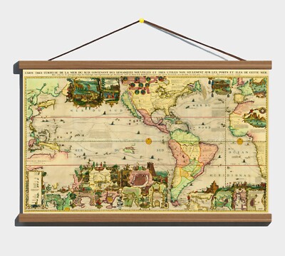 Ancient Old Antique 1719 Curious Rare Map of America Cotton Canvas Wooden Hanger
