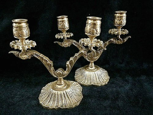 Vintage *Pair of ornate antique solid brass handcrafted floral chandeliers.