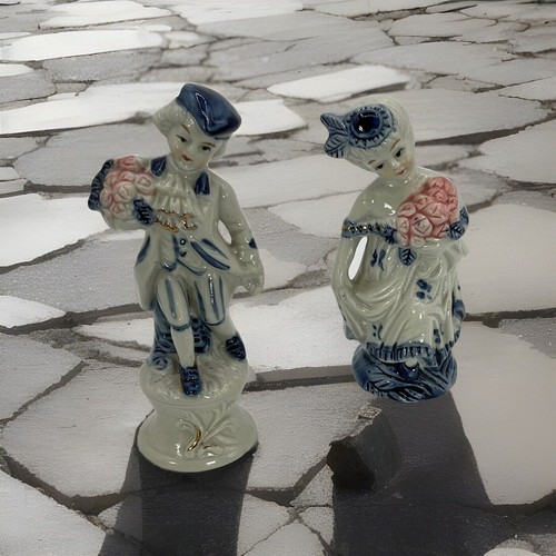 1950's Vintage Colonial Couple White & Blue Ceramic Figurines With Gold Accents