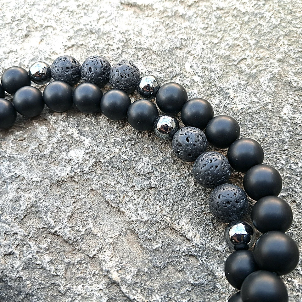 Set Halskette Armband Onyx Perlenkette Lavastein Herren Kette Gebetskette - Bild 2 von 4