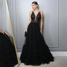 Black Embroidery Evening Dresses Net Beading V Neck Prom Gown Tiered Party Dress