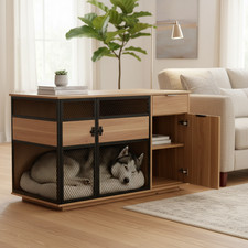 Dog Crate Furniture Large Wood Kennel w Metal Mesh Doors, Modern End Table Light