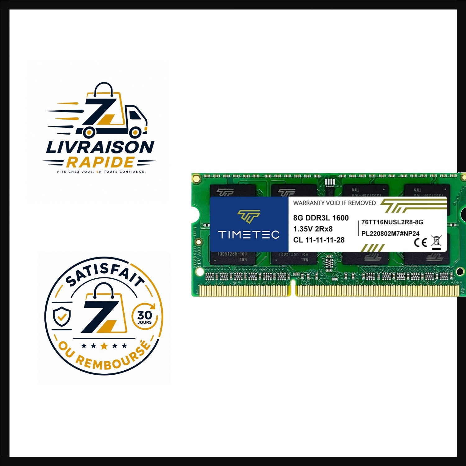 Barrette Mémoire RAM 8 Go DDR3 1600 MHz pour PC Portable Timetec