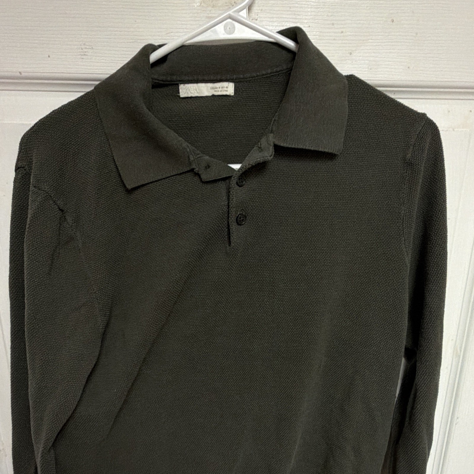 ZARA Men's Green Solid Knit Long Sleeve Button Collared Polo Shirt Size M