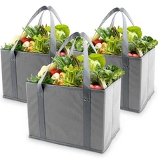 3 PCS Reusable Grocery Bags, Large Collapsible Tote, Sturdy Bottom, Shopping