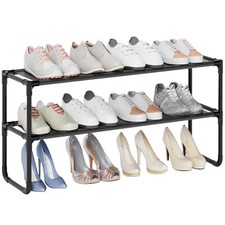 Long Shoe Rack, 2-Tier Stackable Shoe Organizer for Closet, Entryway, Hallway, E
