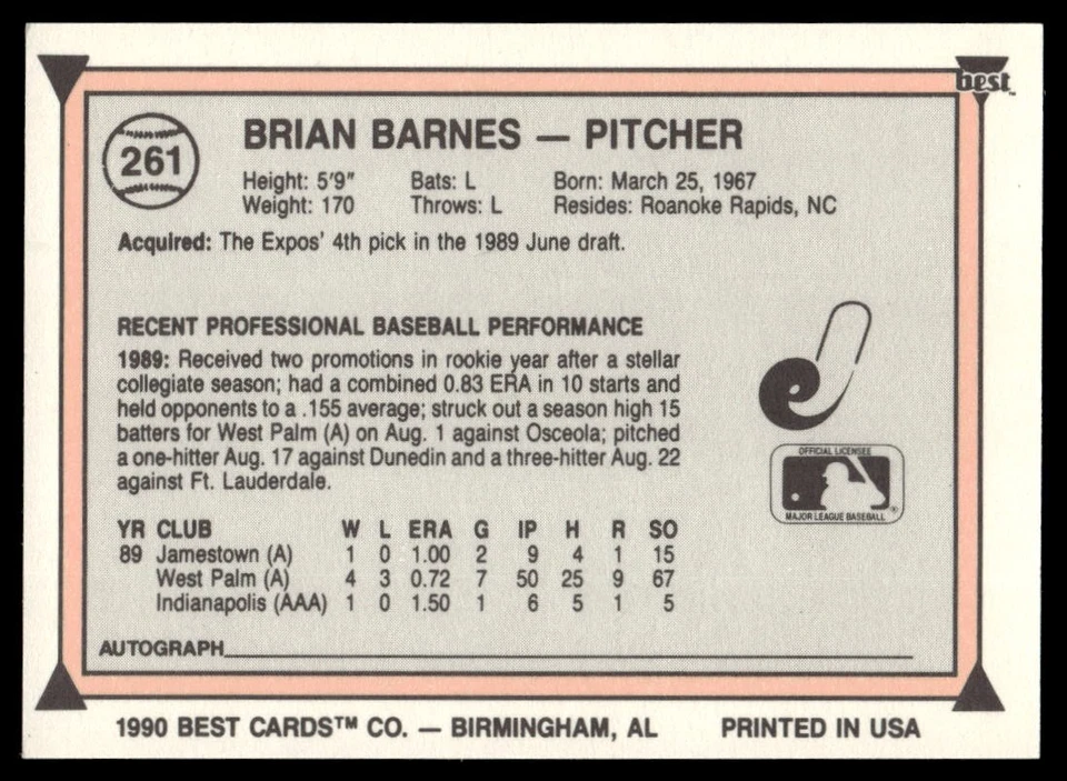 1990 Best Minor League #261 Brian Barnes - Image 2 of 2