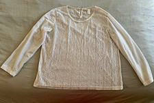 Women's White Geometric Lace Sheer Round Neck Long Sleeve Blouse Button L