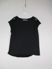 Fortune + Ivy Womens Top Blouse Lace Trim Round Neck Cap Sleeve Size L Black