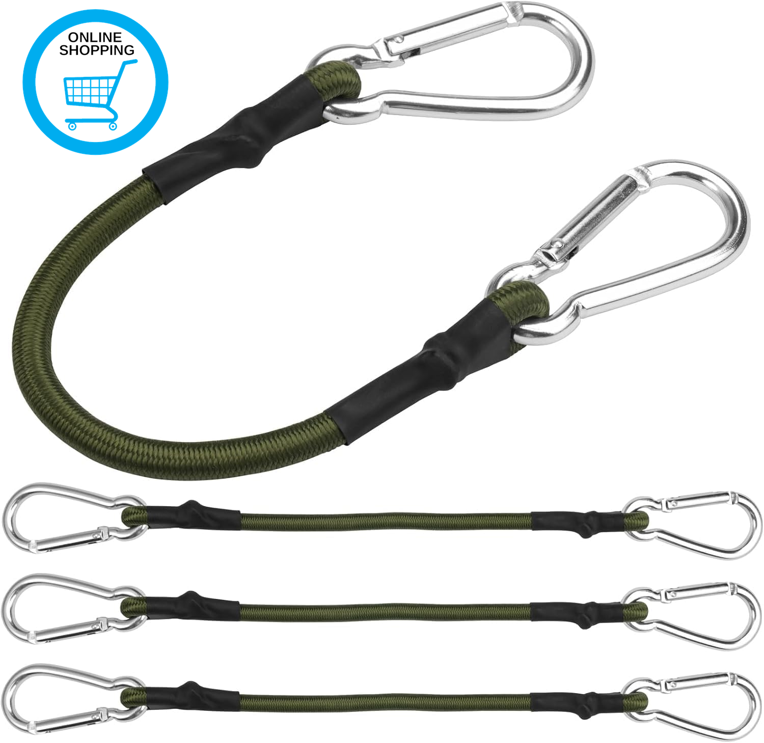 4 Pcs Bungee Cords with Carabiner Clips, 30Cm Green Carabiner Bungee Cords, Heav