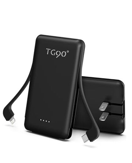 Portable 5000mAh Power Bank with Built-in Cable in Black