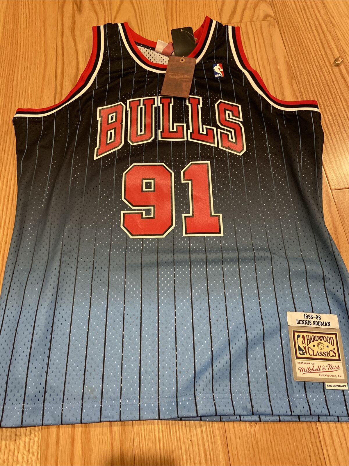Men's Chicago Bulls Dennis Rodman Mitchell & Ness Black/Light Blue 1995/96  Hardwood Classics Fadeaway Swingman Player Jersey