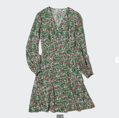 BNWT Uniqlo Printed V-Neck Long-Sleeve Flare Mini Dress With Slip Size L  Pattern | eBay UK