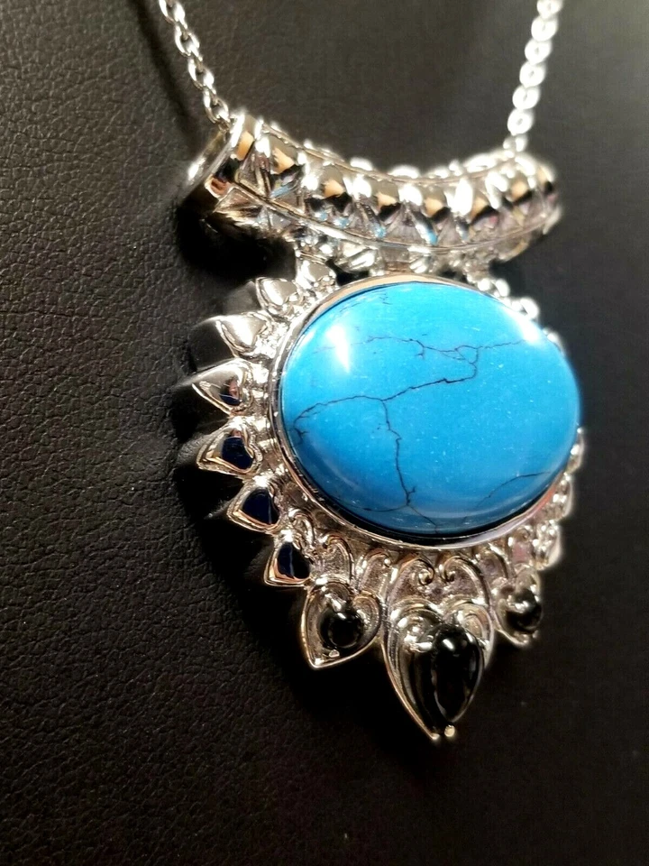 20.55 ctw Turquoise Blue Howlite & Black Onyx Necklace 18” in Stainless Steel  - Image 3 of 4