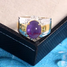 Natural Amethyst & Peridot Gemstone with 925 Sterling Silver Men's Ring #5866
