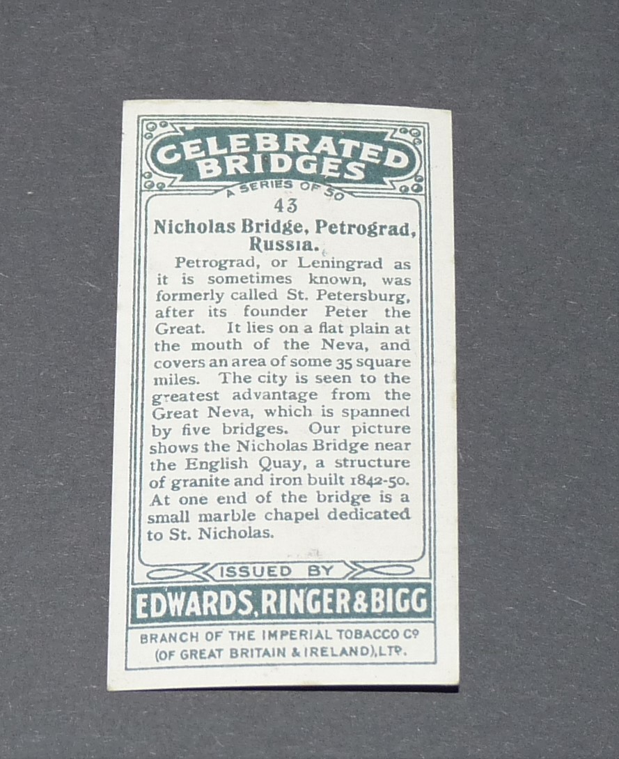 CIGARETTES CARD EDWARDS RINGER BIGG 1924 BRIDGES 43 NICHOLAS BRIDGE ...