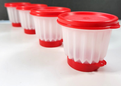 Tupperware Jel-ette Jello Individual Cup Mini Molds Set of 4 Red Lids and Bottom