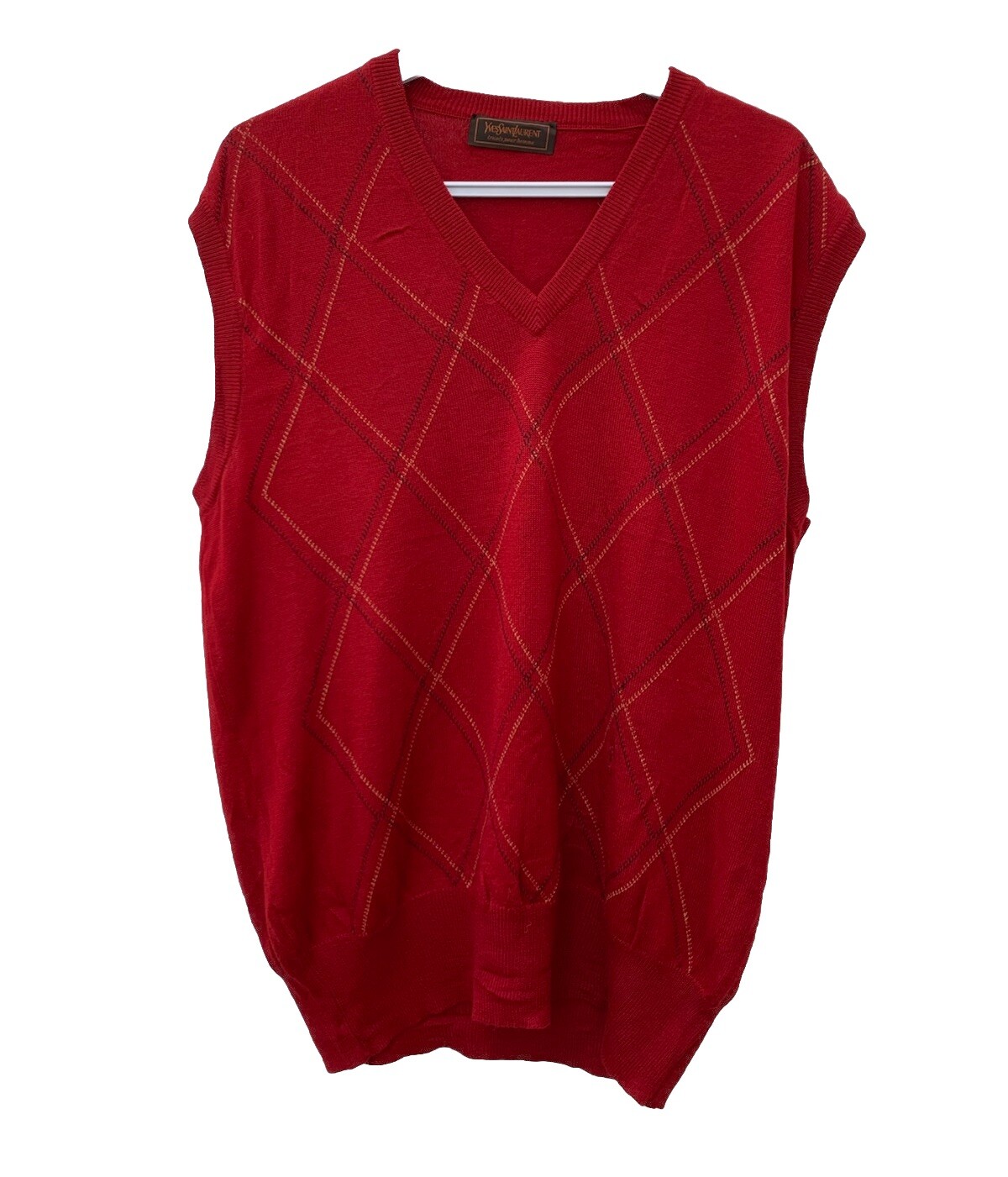 MAGLIONE GILET YVES SAINT LAURENT CHECK ROSSO TAGLIA L SMANICATO SCOLLO A V LANA MADE IN