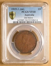 1919 Australia One Penny 'Dot Below' PCGS VF30