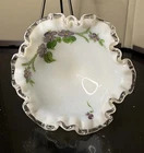 Vintage Fenton Milk Glass HP Violets in the Snow Ruffled Crest Pedestal  Bowl
