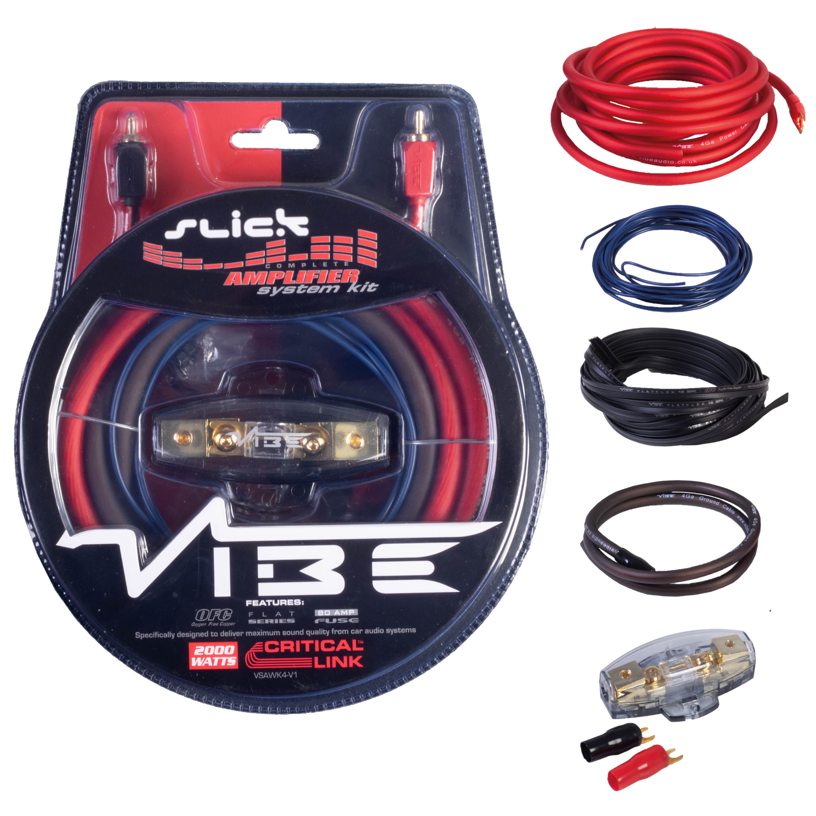 Vibe Audio Slick 4 AWG Gauge 2000W System 12v Car Amp Amplifier Wiring Kit+Airfr